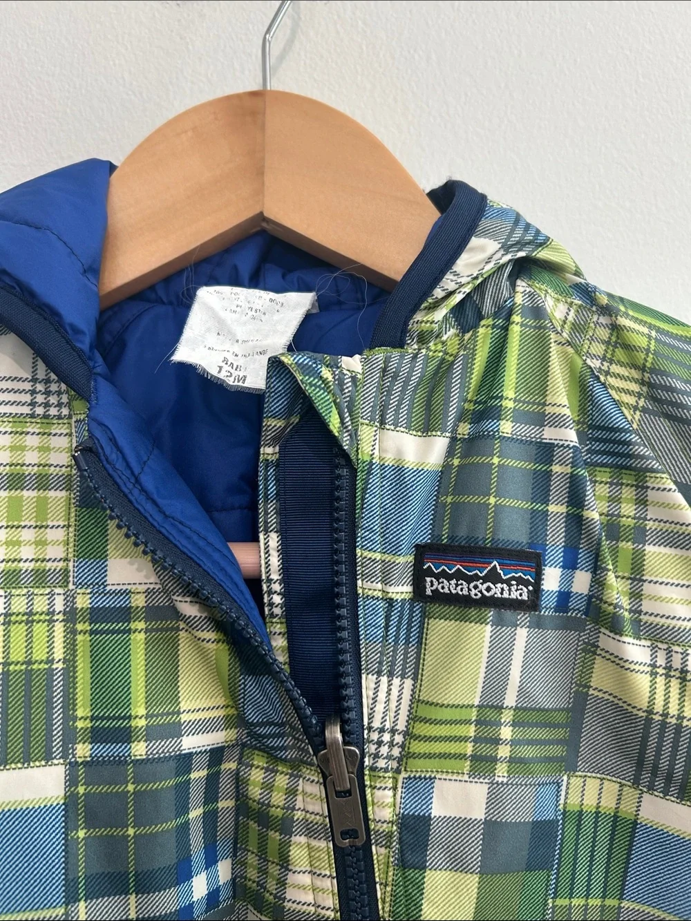 Patagonia Reversible Puff Ball Bunting Green Plaid & Royal Blue Size 12 months